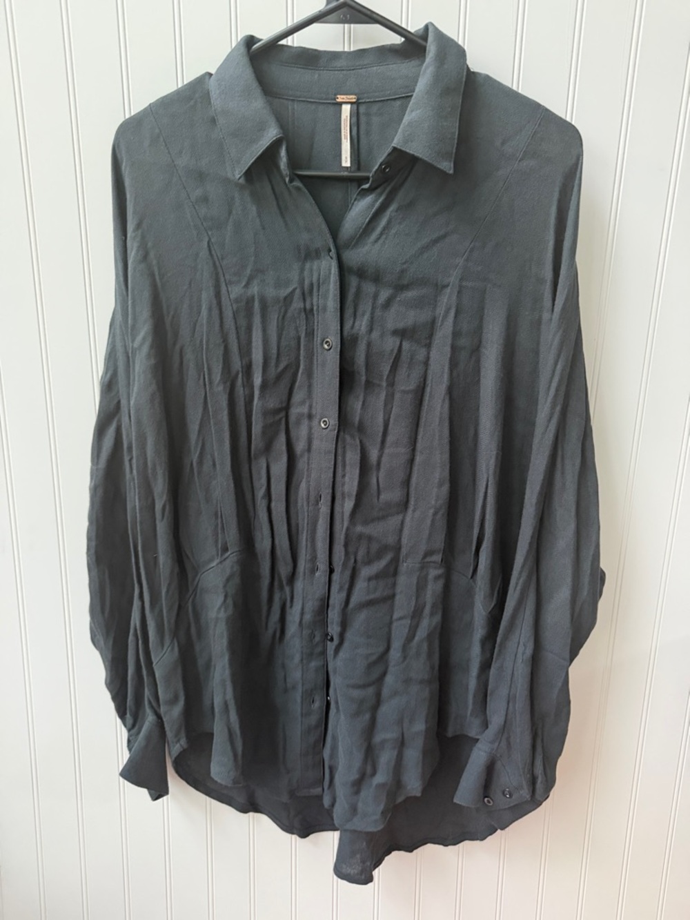 (178)Free People Charcoal Gray Draped Button-Down Shirt